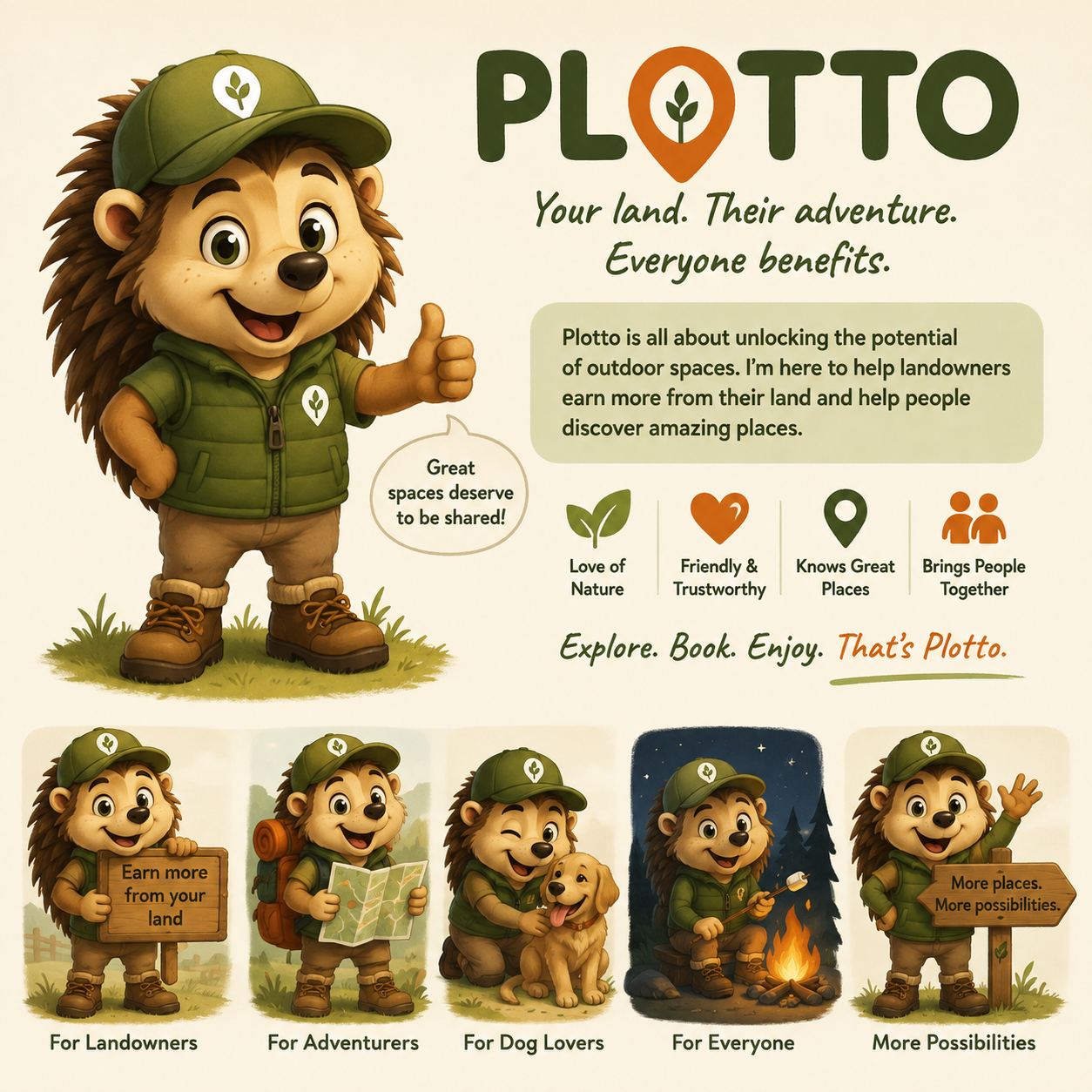 Plotto brand illustration: a friendly hedgehog guide showing how landowners earn from their land and adventurers discover great outdoor places