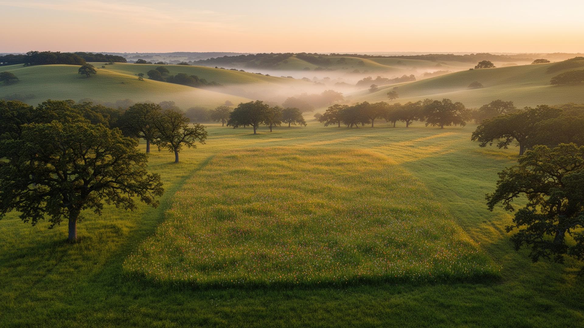Aerial view of a private wildflower meadow at golden hour